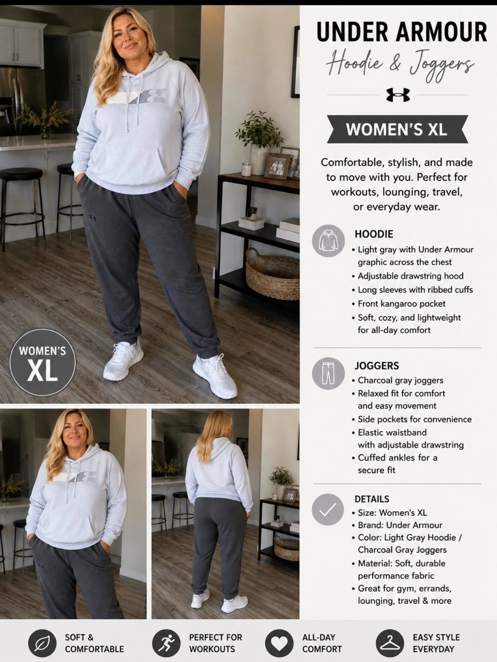 Under Armour Women's Light Gray Hoodie & Charcoal Joggers Set - XL